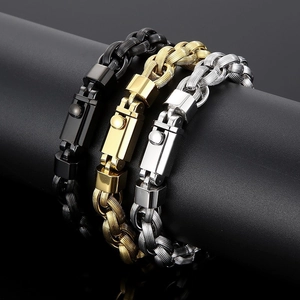 Men Stainless Steel Chain Bracelet Hip Hop Punk Heavy Metal Jewelry With Mechanical Clasp For Male Boys Gold Black