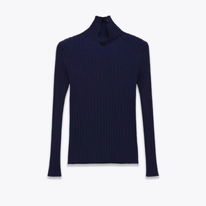 Damen Rippstrick Pullover Rollkragen Tropfenausschnitt Langarm Schmal Geschnittenes Oberteil Weich Elegant Winter Marineblau