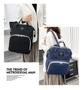 Contrast oxford fabric diaper bag backpack shown in hand-carry and shoulder styles