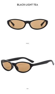 Front and side views of vintage oval cat-eye sunglasses with black frames and tea lenses