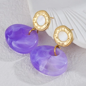 Elegant geometric gold titanium steel earrings with purple marble effect acrylic pendants
