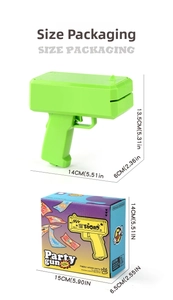 Green money gun toy with packaging box showing precise dimensions in cm and inches