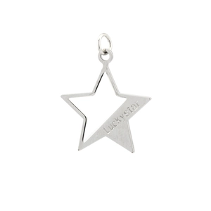 Detailed close-up of a hollow star metal pendant engraved with LuckyStar text