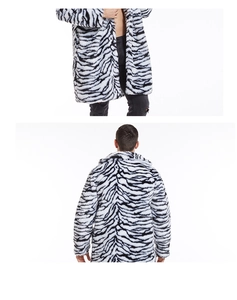 Detailed front and back views of men's long zebra print faux fur coat in black and white