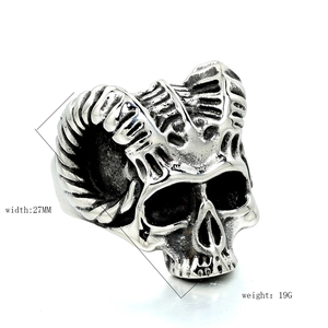 Vintage stainless steel ram skull ring for men with punk gothic design and metal texture