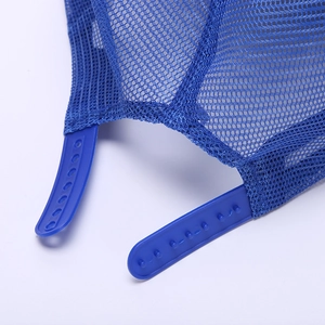 Detail of blue mesh fabric and adjustable snapback closure on a trucker baseball cap