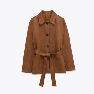 Damen Jacke Aus Wildlederimitat Langarm Revers Einreihig Oberbekleidung Mit Gürtel Lässig Schick Bernsteinfarben