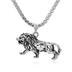 Punk vintage titanium steel lion head pendant necklace with polished silver finish