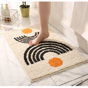 Detail of soft plush bathroom mat with modern arch patterns and non-slip texture