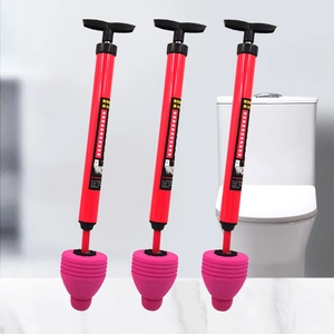 Powerful manual toilet plunger tool with red pipe and T-handle for sewer pipe cleaning