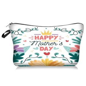 Detail of Mother's Day cosmetic bag with zipper and handle showing floral print