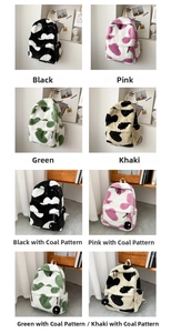 Collage of plush heart pattern backpacks in black pink green and khaki with charms