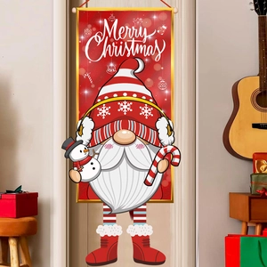Merry Christmas banner featuring gnome and snowman hanging on a door for festive decor