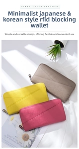 Detailed view of three pebbled genuine leather long wallets with RFID protection