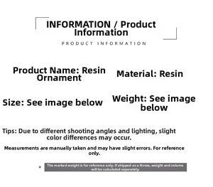Detailed product information chart showing resin ornament material and size specifications