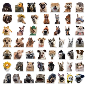 Detailed grid of fun animal stickers including colorful dogs, cats, and tigers