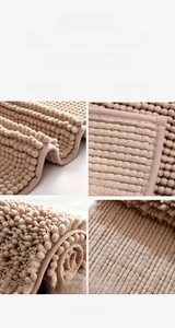 Close-up of thick absorbent chenille bath mat showing non-slip hot melt glue backing