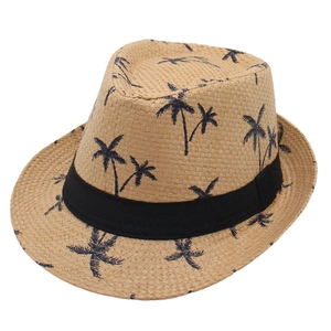 Khaki straw fedora hat with blue palm tree patterns and black ribbon for summer beach