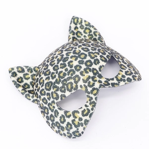 Leopard print cat ear masquerade mask with sparkling gold glitter finish and feline shape