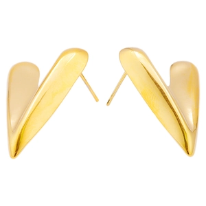 Macro shot of V-shaped 18K gold plated earrings with polished metallic surface