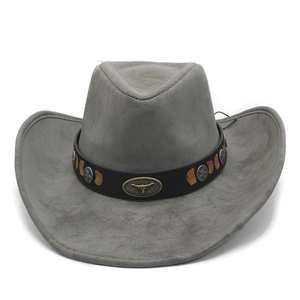 Detail of grey suede cowboy hat with metallic bull head and star charms on leather band