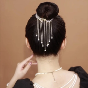 Elegant Artificial Pearl Tassel Hair Bun Clip Alloy Rhinestone Temperament Hair Accessory For Women High Quality