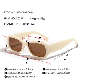 Detailed size specifications for rectangular beige sunglasses with precise measurements