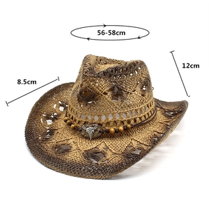 Detail view of woven straw cowboy hat showing bull head emblem and dimension measurements