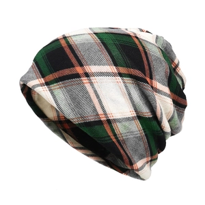 Unisex plaid knit beanie hat with green and orange grid pattern for winter warmth
