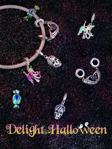Detail of Halloween S925 sterling silver charms featuring skull and witch designs