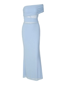 Elegant light blue one-shoulder maxi dress with ruched mesh patchwork and draped fabric