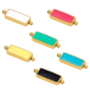 Macro view of six rectangular gold enamel connector charms in vibrant assorted colors