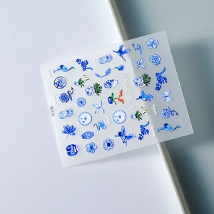 Blue and white 5D embossed Chinese style nail stickers with crane and floral patterns