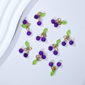 Purple cherry DIY jewelry charms with green leaves and gold rings for bracelets