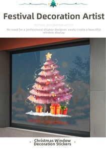 Dettaglio dell'adesivo per finestre con albero di Natale rosa e scatole regalo