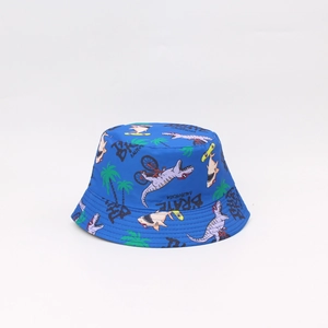 Blue kids reversible dinosaur bucket hat with shark and palm tree prints for outdoor sun shade