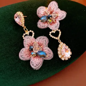 Asymmetric Embroidery Flower Dangle Earrings With Silver Earring Post Rhinestone Crystal Vintage Bohemian Elegant Women