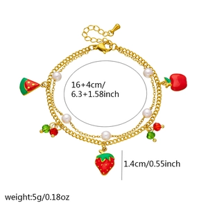 Goldenes zweilagiges Armband mit Erdbeer-Anhänger und Perlen, 16+4 cm Länge, 5g Gewicht