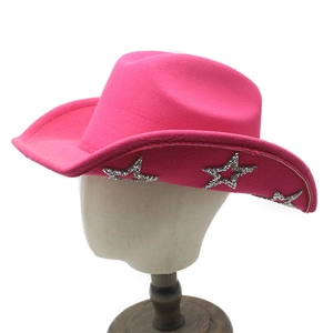Détail d'un chapeau de cowboy en feutre fuchsia avec étoiles en strass brillants