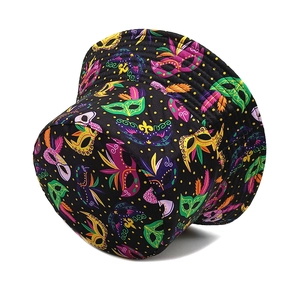 Detail of black bucket hat with colorful vintage Mardi Gras feather mask patterns