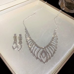 Macro shot of sparkling silver tassel necklace set with rhinestone fan pattern in a gift box