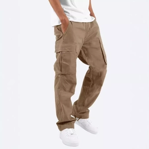 Men's khaki multi-pocket cargo pants with drawstring and casual loose fit style