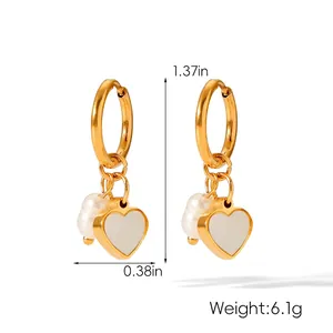 Detailed view of 18k gold plated heart and baroque pearl drop earrings showing size dimensions