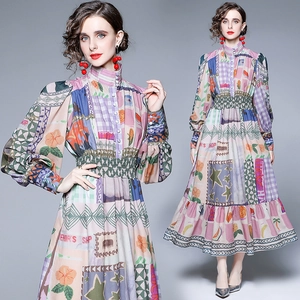 Abito Lungo Stampa Patchwork A Maniche Lunghe Collo Coreana Maniche Sbuffo Vita Arricciata Poliestere Donna