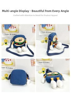Detailed four-view display of navy canvas burger crossbody bag with 3D limbs