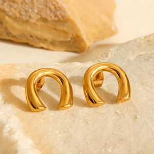 Minimalist 18K gold plated U-shaped stud earrings in polished stainless steel finish