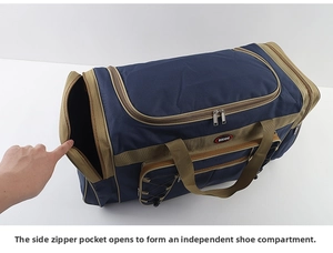 Detail of the navy blue travel bag showing the independent side shoe compartment