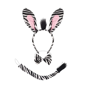 Cute zebra print animal costume set with plush ears headband, bow tie, and tail