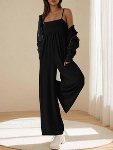 Women's casual black wide-leg jumpsuit with slim square neck and chic shoulder straps