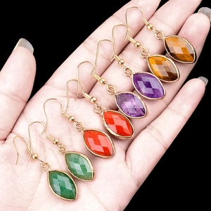 Vintage Marquise Cut Faceted Semi-Precious Stone Drop Earrings For Women Gold Plated Alloy Amethyst Tiger Eye Jewelry